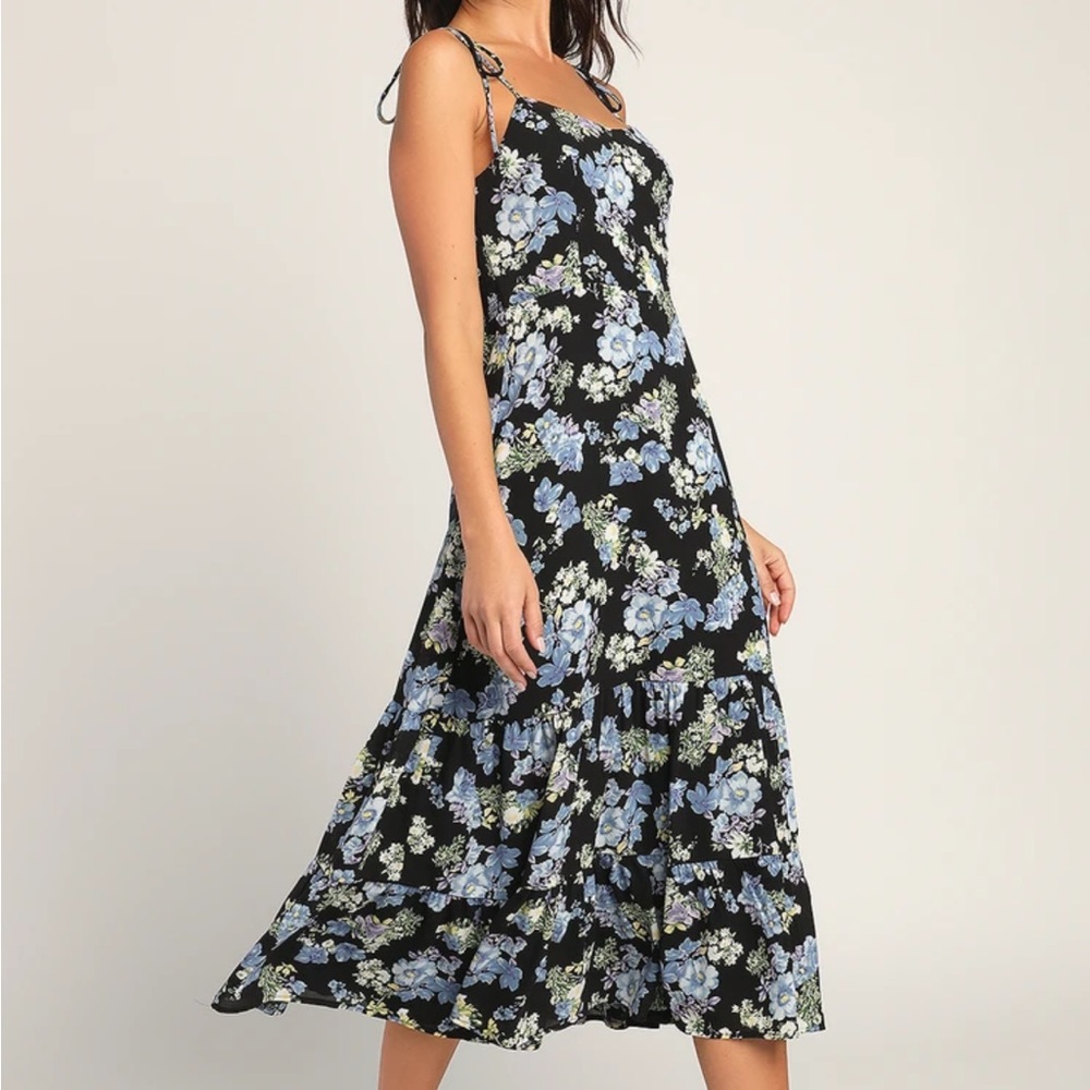 Started With a Kiss Black Floral Print Tie-Strap Tiered Dress